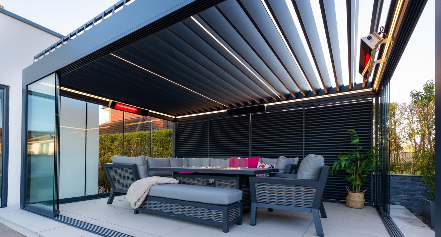 View along the underside of an aluminium louvre roof pergola showing the adjustable roof slats
